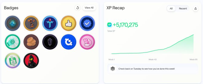 A digital dashboard displaying a grid of colorful badges on the left and an 'XP Recap' graph on the right showing a total of +5,170,275 XP increasing across weeks 1 to 85.