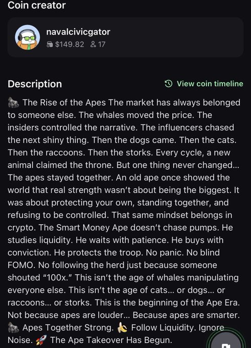 A screenshot of a coin creator profile for 'navalcivigator' ($149.82, 17 holders), featuring a description titled 'The Rise of the Apes' about smart money and the 'Ape Takeover.'