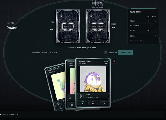A dark-themed card game interface titled 'Power' shows a hand of three cards, with an 'Untaxed Willow The Gums' card featuring a penguin character visible.