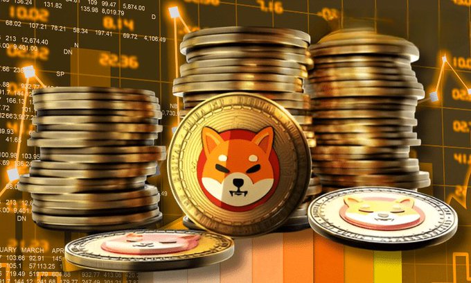 The image features physical golden coins embossed with the iconic Shiba Inu dog logo, arranged in stacks against a backdrop of a glowing stock chart displaying market data and figures like "131.82," "107.21," "78.21," "8.14," and "22.36." This visual directly ties to the caption by symbolizing the substantial 5 trillion $SHIB token holding (worth millions), with the coin stacks and bullish chart representing the whale's long-term conviction and accumulating position over four years.