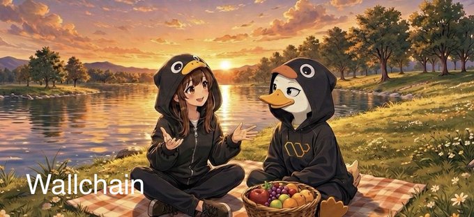 The image features two cartoon characters dressed alike with hoods sitting next to each other on a blanket near water. The background of the image shows trees and mountains, creating an impressionistic scene that captures the viewer's attention. The caption for the image reads "Wallchain", which is likely related to the post about earning trust in the online world.