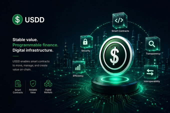 Promotional graphic for USDD cryptocurrency featuring a glowing dollar coin surrounded by floating icons for Smart Contracts, Security, Transparency, Efficiency, and Interoperability, with text promoting stable value, programmable finance, and digital infrastructure.