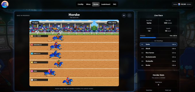 A screenshot of a horse racing game showing a race in progress between horses named Race Farmer, Rondekdude, Honeslike, Ahsai, Santa, and Santa, with 'Santa' in the lead at a 1st pace position.