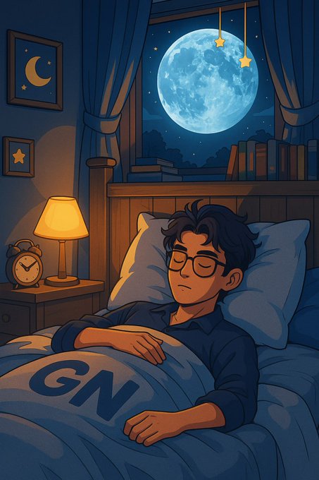 An anime-style illustration of a young man with glasses sleeping peacefully in bed, with the text "GN" on his blanket and a large moon visible through the window.