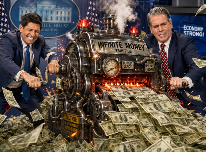 A political satire illustration shows two men in suits aggressively operating a machine labeled "INFINITE MONEY - TRUST US" with warning stickers for "BUDGET DEFICIT" and "PRINT MORE," set against a White House backdrop with an "ECONOMY STRONG!" sign and piles of dollar bills.