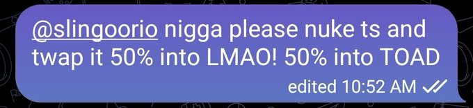 A Discord message from "@slingoorio" reads "nigga please nuke ts and twap it 50% into LMAO! 50% into TOAD," edited at 10:52 AM. The caption criticizes buying a "retarded bull" instead of supporting the three coins (LMAO!, TOAD, OFFICIAL) the user has been promoting.