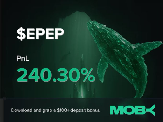 A dark green-themed promotional graphic featuring a 3D crystalline whale alongside text announcing "$EPEP PnL 240.30%" and a call-to-action to "Download and grab a $100+ deposit bonus" with the Moby logo, highlighting a Moby Mobile trader's successful $EPEP trade.