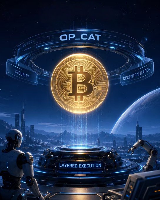 A futuristic digital illustration of a glowing golden Bitcoin coin on a circular platform with 'OP_CAT' labeled above, flanked by 'SECURITY' and 'DECENTRALIZATION' panels, with 'LAYERED EXECUTION' displayed below.