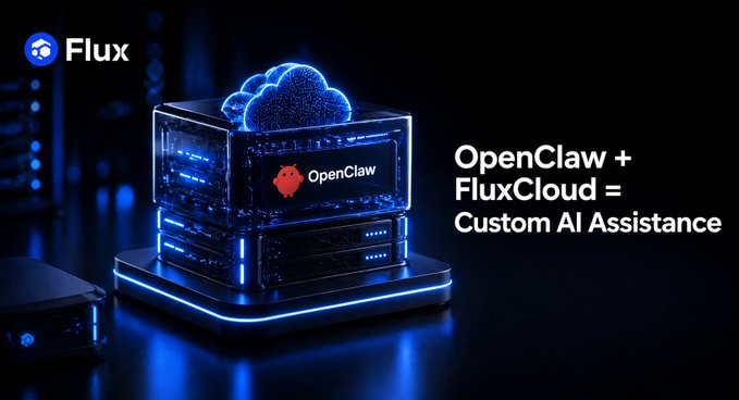 The image features a computer screen with a blue background, displaying an advertisement for OpenClaw. The main focus of the image is a stack of servers or boxes containing OpenCLAW software. There are two servers visible in the image - one on top of the other. The text "OpenCLAW + FluxCloud = Custom AI" is written above and below the server stack, indicating that these servers can be used to host custom AI applications.