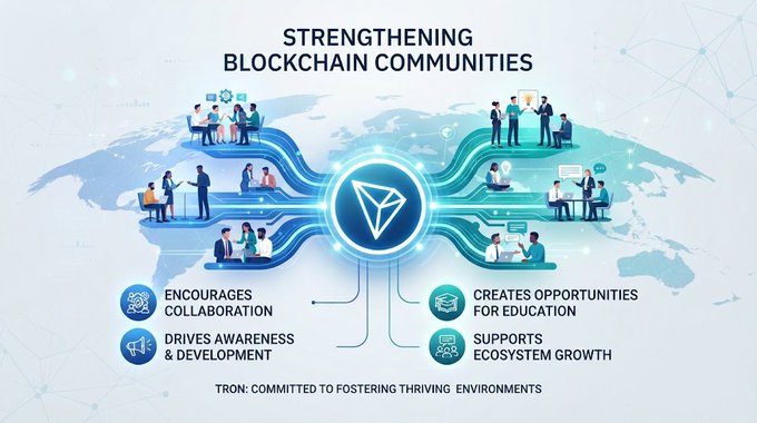 An infographic titled 'STRENGTHENING BLOCKCHAIN COMMUNITIES' featuring the TRON logo and icons highlighting collaboration, education, awareness, and ecosystem growth.