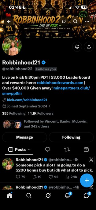 An X (Twitter) profile for @robbinhood21 followed by @robbinhoo22, with bio promoting Kick livestreams, '$3,000 Leaderboard and rewards here: robbinhoodrewards.com', $40,000 giveaway, and kick.com/robbinhood21, with posts about a $200 bonus buy and 14K followers.