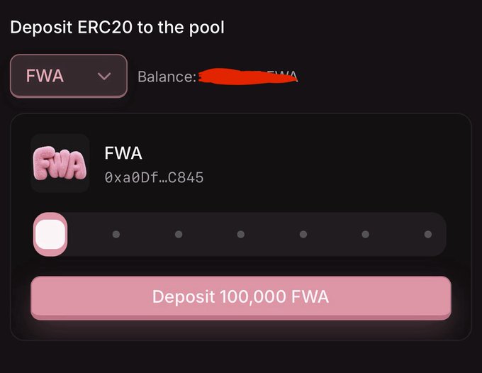 A dark-themed interface titled "Deposit ERC20 to the pool" shows a deposit screen for the FWA token (contract address 0xa0Df...C845) with a pink "Deposit 100,000 FWA" button, illustrating the staking/locking mechanism the post describes as a token sink until external buys begin on August 4th.