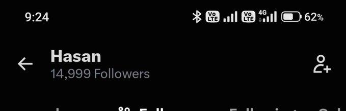 A cropped mobile profile screen shows the name “Hasan,” “14,999 Followers,” a back arrow, and an add-person icon.
