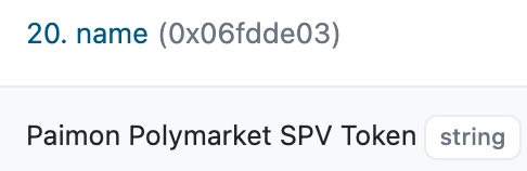 A webpage snippet showing ABI item 20, the 'name' field (0x06fdde03) returning 'Paimon Polymarket SPV Token' as a string.