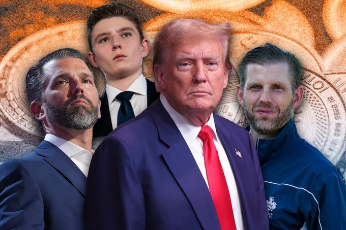 A composite photograph showing Donald Trump in a suit with red tie in the center, surrounded by Donald Trump Jr., Barron Trump, and Eric Trump against a gold coin backdrop featuring the Bitcoin logo.