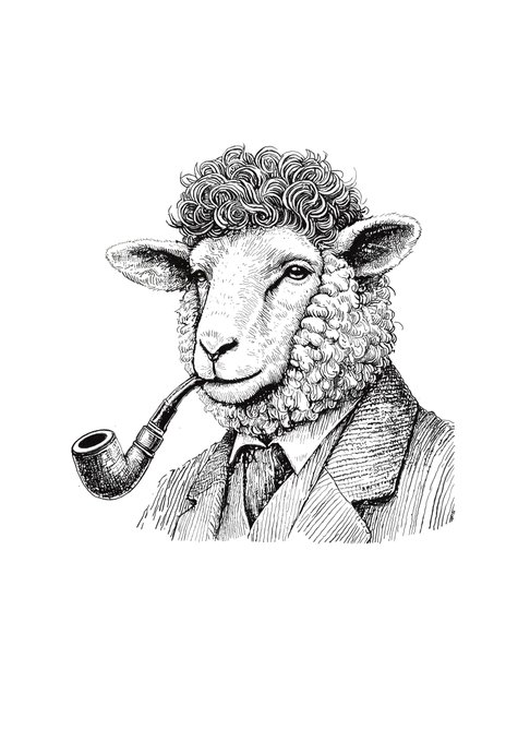 A black and white sketch illustration of a sheep's head with curly wool, dressed in a suit and tie, smoking a pipe.