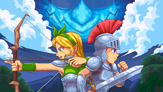 Cartoon artwork of two fantasy characters—an elven archer with a bow and a Roman-style gladiator with a sword and red-plumed helmet—standing back-to-back with a glowing blue crest symbol behind them.