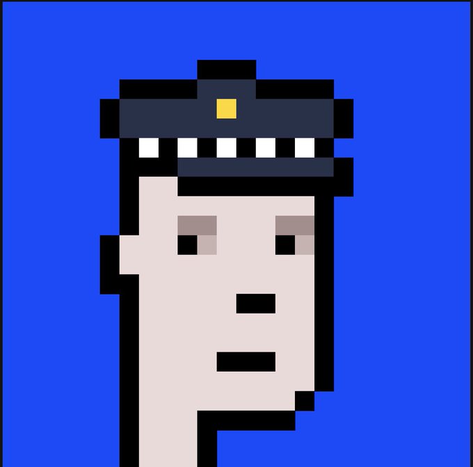 The image features a cartoon-like depiction of a person wearing a hat, possibly resembling a police officer's cap or a hat with a badge. The person has a face that appears to be drawn using pixel art style. The background color of the image is blue, which contrasts with the white and black elements in the design. There are no texts present in the image, but there is a caption below it that reads "Gm base punks @OnChainPunksNFT".
