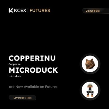 An advertisement for KCEX Futures showing new listings for COPPERINU and MICRODUCK cryptocurrencies with 1-25x leverage and zero fees.
