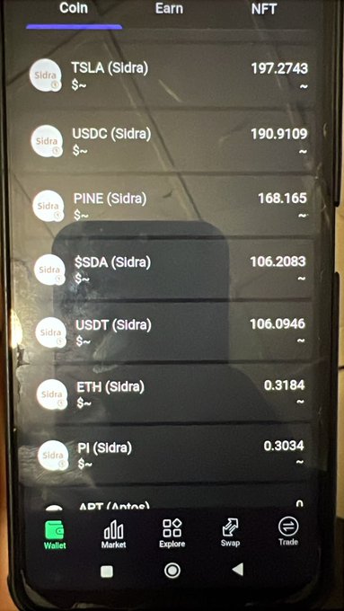 A smartphone screenshot of a crypto app showing the 'Coin' tab with prices for TSLA (197.2743), USDC (190.9109), PINE (168.165), SDA (106.2083), USDT (106.0946), ETH (0.3184), and PI (0.3034), with navigation tabs for Wallet, Market, Explore, Swap, and Trade.