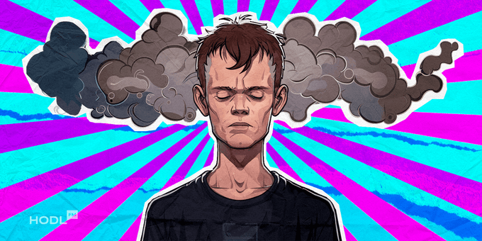 An illustration of a tired-looking young man with brown hair against a vibrant pink and blue radial background, with gray smoke clouds emerging from behind his head.