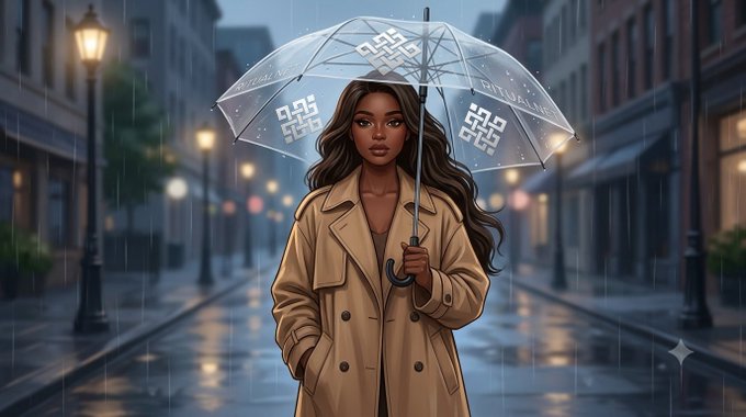A digital illustration of a stylish woman in a tan trench coat holding a patterned umbrella while walking down a rainy city street.