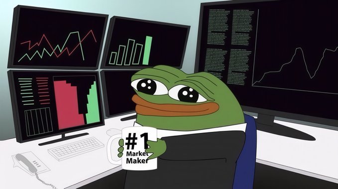 A Pepe the Frog cartoon character in a suit holding a '#1 Market Maker' mug, sitting at a desk with multiple monitors displaying financial charts and code.