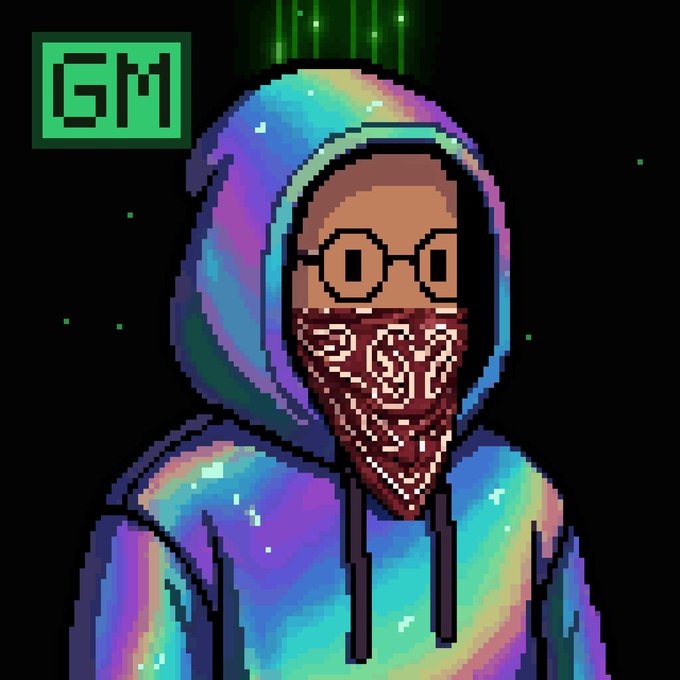 Pixel art portrait of a person wearing a galaxy-print hoodie, glasses, and a paisley bandana covering the lower face, with a green 'GM' logo in the top-left corner against a starry background.
