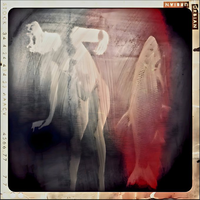 An artistic, hazy image showing ethereal figures with a ghostly white form on the left and a translucent fish-like figure on the right against a dark background, framed by film stock markings reading 'STOCK 34 4 22' and 'URBAN'.