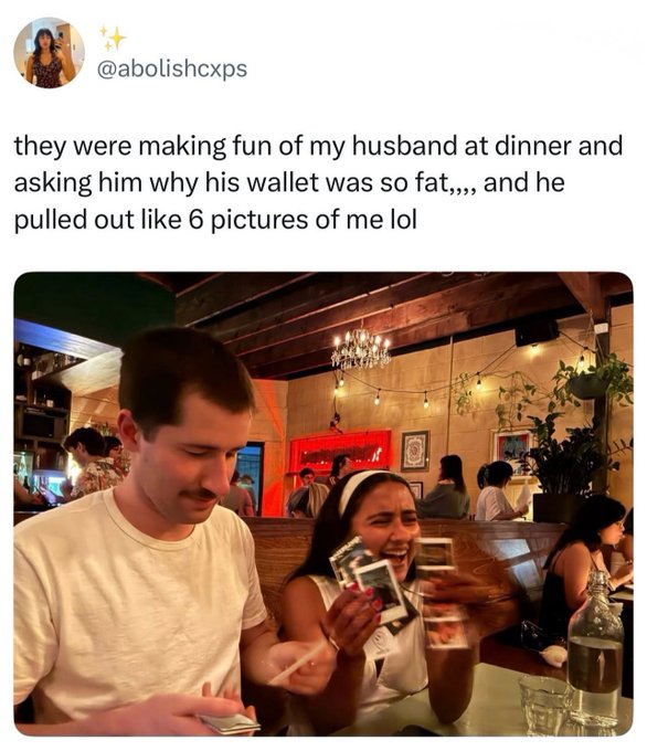 A tweet from @abolishcxps joking about her husband pulling out 6 pictures of her when teased about his 'fat' wallet.