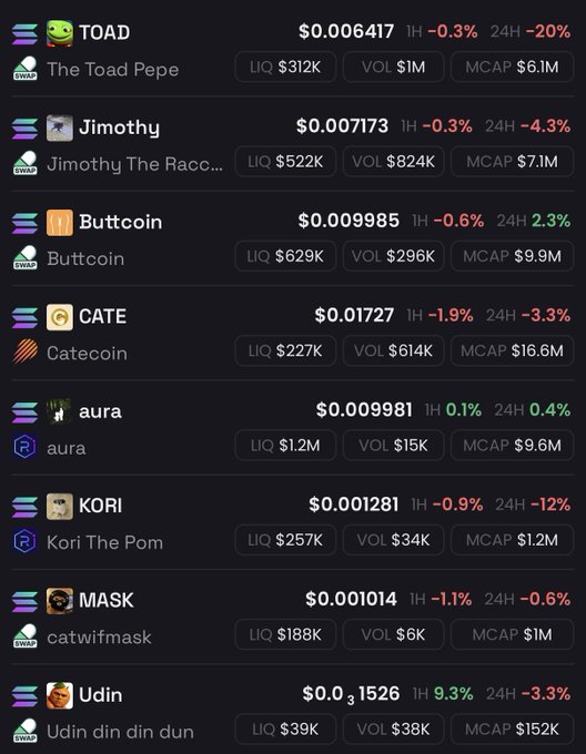 A cryptocurrency tracking dashboard displays meme coins including TOAD ($6.1M cap), Jimothy ($7.1M), Buttcoin ($9.9M), CATE ($16.6M), aura ($9.6M), KORI ($1.2M), catwifmask ($1M), and Udin ($152K), each showing varying 1H and 24H price changes. The post hints at an obvious "$1B runner" among these tokens, though the visible market caps remain far below that billion-dollar threshold, suggesting the user is teasing a potential moonshot candidate hidden in plain sight within the list.