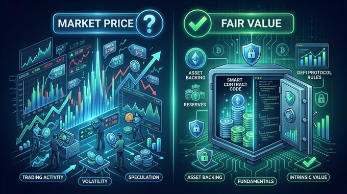 An infographic contrasting 'MARKET PRICE' (left, depicted with volatile trading charts, speculation, and worried figures) with 'FAIR VALUE' (right, shown as a secure smart contract vault with asset backing and fundamentals).