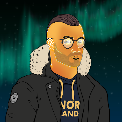 A cartoon-style portrait of a bearded man wearing glasses, a dark parka with a fur collar, and a navy hoodie reading 'NORAND' against an aurora borealis background.