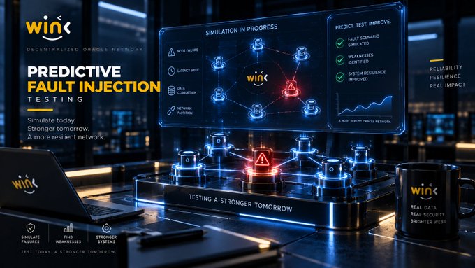 A promotional graphic for Wink featuring 'Predictive Fault Injection Testing' with the tagline 'Simulate today. Stronger tomorrow. A more resilient network.'