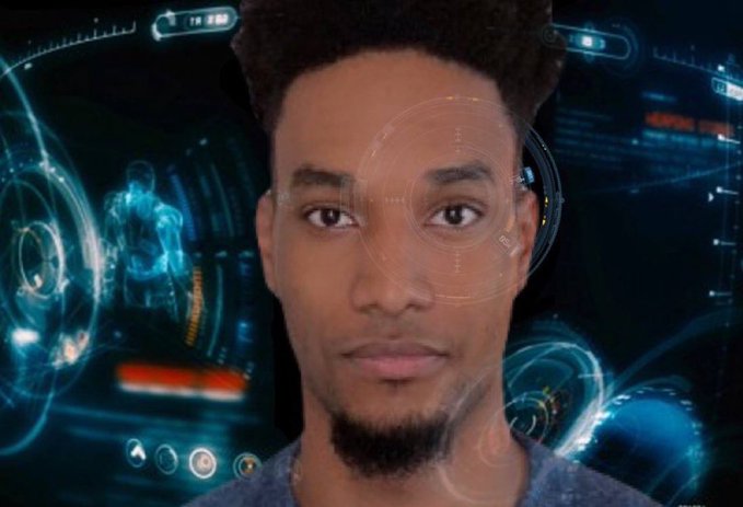 The image shows a man's face in the center with a futuristic, sci-fi heads-up display (HUD) overlaid around him, featuring circular targeting graphics, glowing blue and orange tech elements, and what appears to be a holographic figure on the left—reminiscent of Marvel's Iron Man JARVIS interface. This visual ties into the post "jarvis send $ANSEM straight to $10B" by humorously depicting an AI assistant "scanning" or boosting the meme coin $ANSEM to a $10 billion market cap, with the man likely representing Ansem himself.