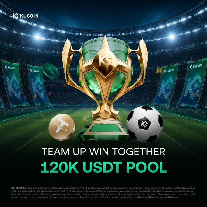 The image features a trophy with a soccer ball and two coins on top, surrounded by banners advertising a trading event at a stadium. The text in the image encourages people to join forces and participate in the trading event together for a chance to win the 100,000 USDT pool or the 20,000 USDT Special World Cup Prize.