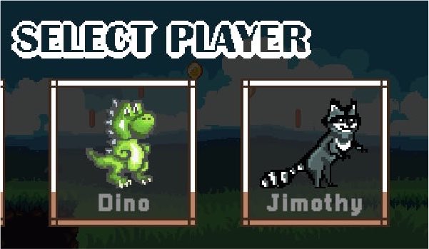 A pixel art game 'Select Player' screen showing two character options: a green dinosaur named 'Dino' and a raccoon named 'Jimothy'.