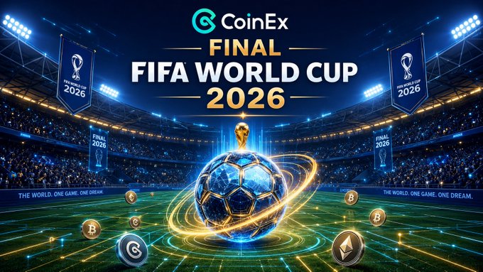 A promotional graphic for 'CoinEx FINAL FIFA WORLD CUP 2026' featuring a glowing soccer ball trophy surrounded by cryptocurrency coins in a stadium setting.
