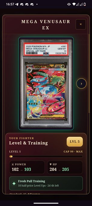 Mobile app screenshot showing a graded PSA 10 'Mega Venusaur ex' Pokémon card (#087, 2026 Pokémon M1L JP) with fighter stats at Level 5, 102-103 Power and 204-205 HP.
