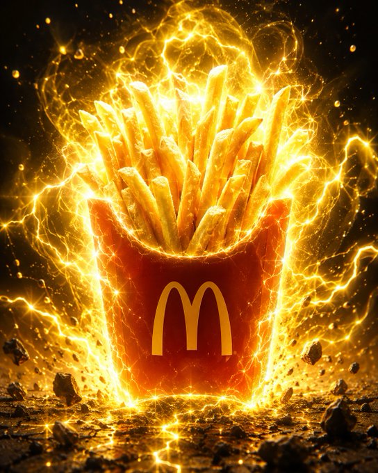 A dramatic McDonald's fries container emblazoned with the golden arches logo is engulfed in intense, glowing flames and electric energy.