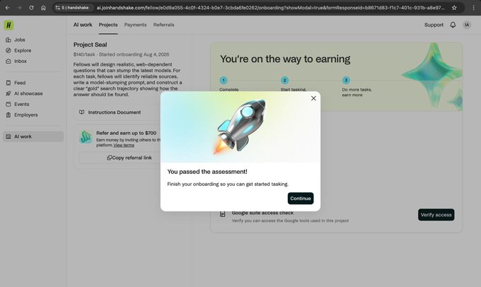 A screenshot of the Handshake onboarding page showing a modal with a rocket graphic and the message "You passed the assessment! Finish your onboarding so you can get started tasking."