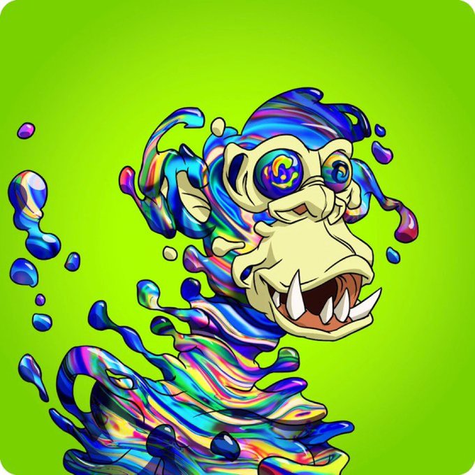 A vibrant, psychedelic digital illustration of a mischievous monkey-like creature with sharp fangs and hypnotic spiral eyes, rendered in swirling iridescent blues, purples, and pinks against a bright green background with floating liquid droplets. The artwork fits the post's NFT context as a visually striking mutant-style reveal, likely tied to a Web3 collectible project with surreal, otherworldly creature designs.