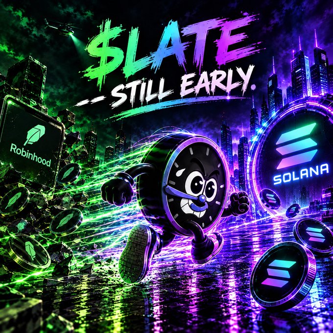 Vibrant neon-style promotional graphic featuring a cartoon clock character with sunglasses running through a cyberpunk cityscape, surrounded by Solana and Robinhood logos, with the text '$LATE STILL EARLY'.