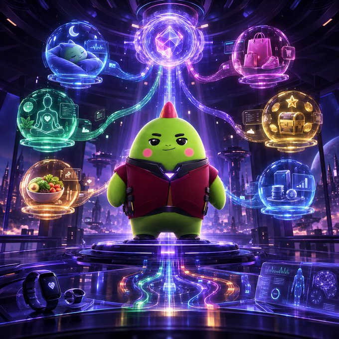 A green cartoon character stands on a glowing platform surrounded by floating holographic orbs displaying various icons in a futuristic city setting.