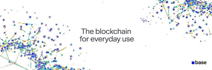 A promotional banner for Base blockchain reading 'The blockchain for everyday use' with the blue Base logo on the right, set against a white background with colorful dotted map graphics.