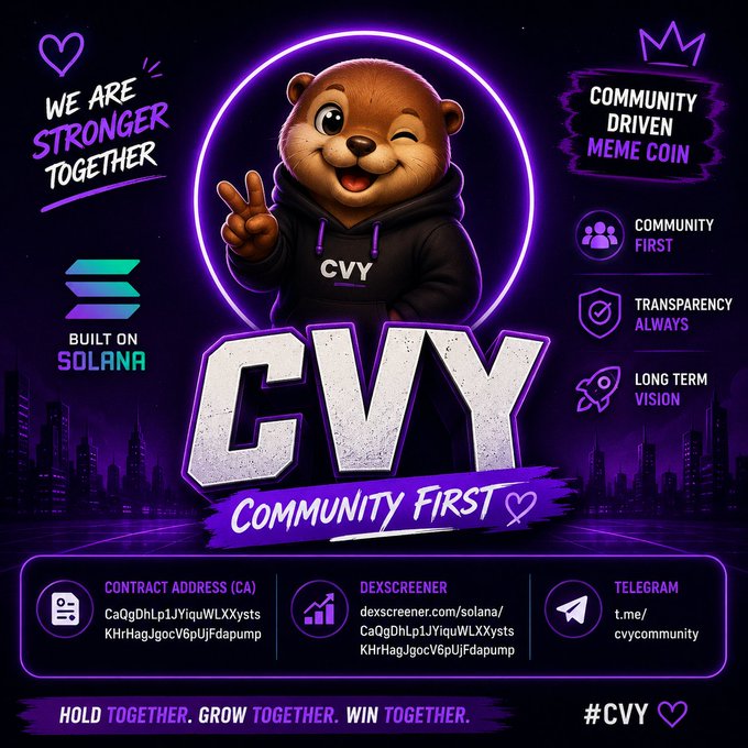 Promotional graphic for 'CVY', a community-driven meme coin built on Solana, featuring a cartoon bear mascot in a hoodie making a peace sign, with contract address, dexscreener link, and Telegram info displayed.