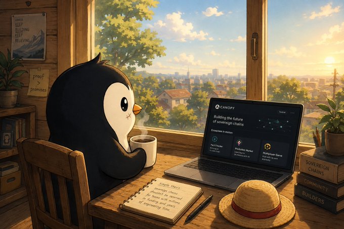 An illustration of a chibi penguin character sitting at a wooden desk by a window, working on a laptop labeled 'CANOPY' alongside a notebook, coffee mug, and a straw hat.