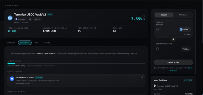 A screenshot of the TermMax USDC Vault V2 page on Sentio showing a Total Value Locked of $5.18M (with a previously displayed $33.18M), an estimated 1Y APY of 3.55%, $4.98M available to withdraw, and 16 tvlLock, illustrating the discrepancy that prompted the post's clarification that the drop is a Sentio ETH chain data issue.
