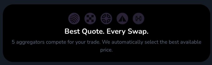 A dark interface panel with five circular icons above the text 'Best Quote. Every Swap.' and the description '5 aggregators compete for your trade. We automatically select the best available price.'
