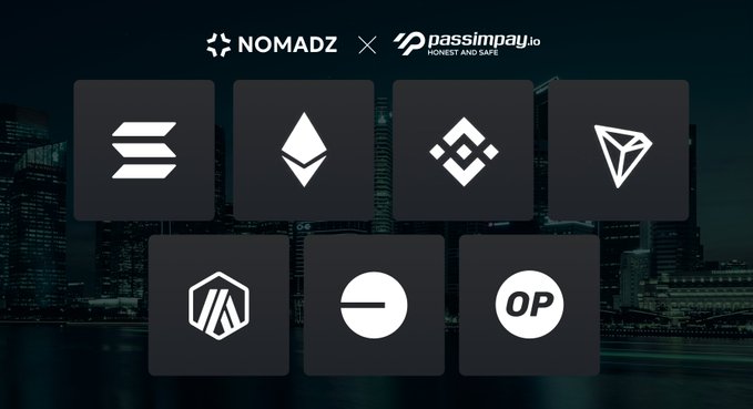 The image features a poster for Nomadz and PassimPay, showcasing their partnership and offering various payment options. The poster displays seven different logos representing different cryptocurrency tokens or payment methods, including Bitcoin, Ripple, and Litecoin. These logos are arranged in a grid format with three rows and four columns against a black background. Each logo is accompanied by a brief description of the token or payment method it represents.